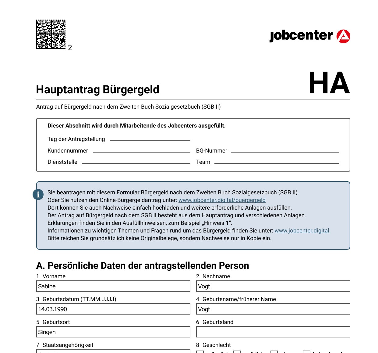 Ein echter, fertig ausgefüllter Behörden-Antrag