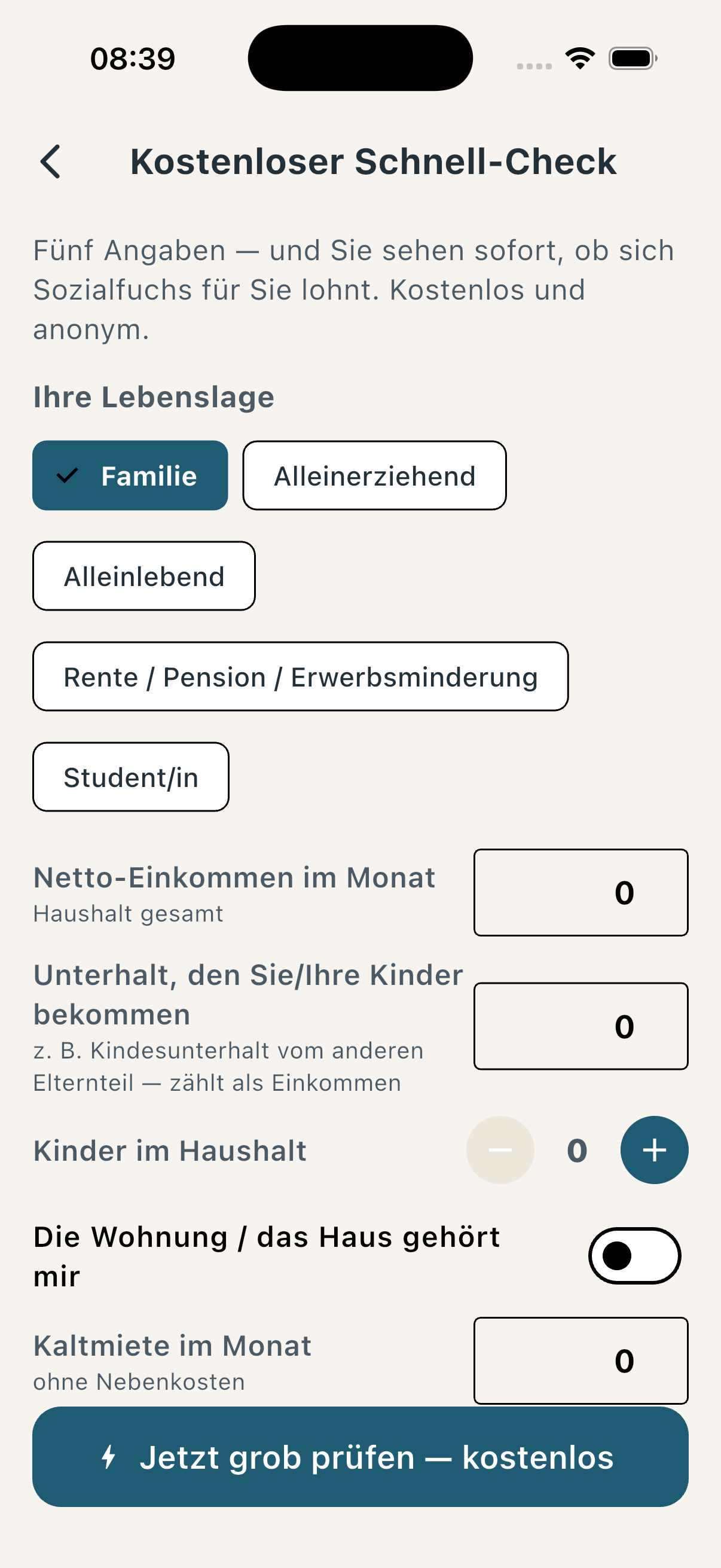 Der Schnell-Check stellt einfache Fragen zu Ihrer Lebenslage