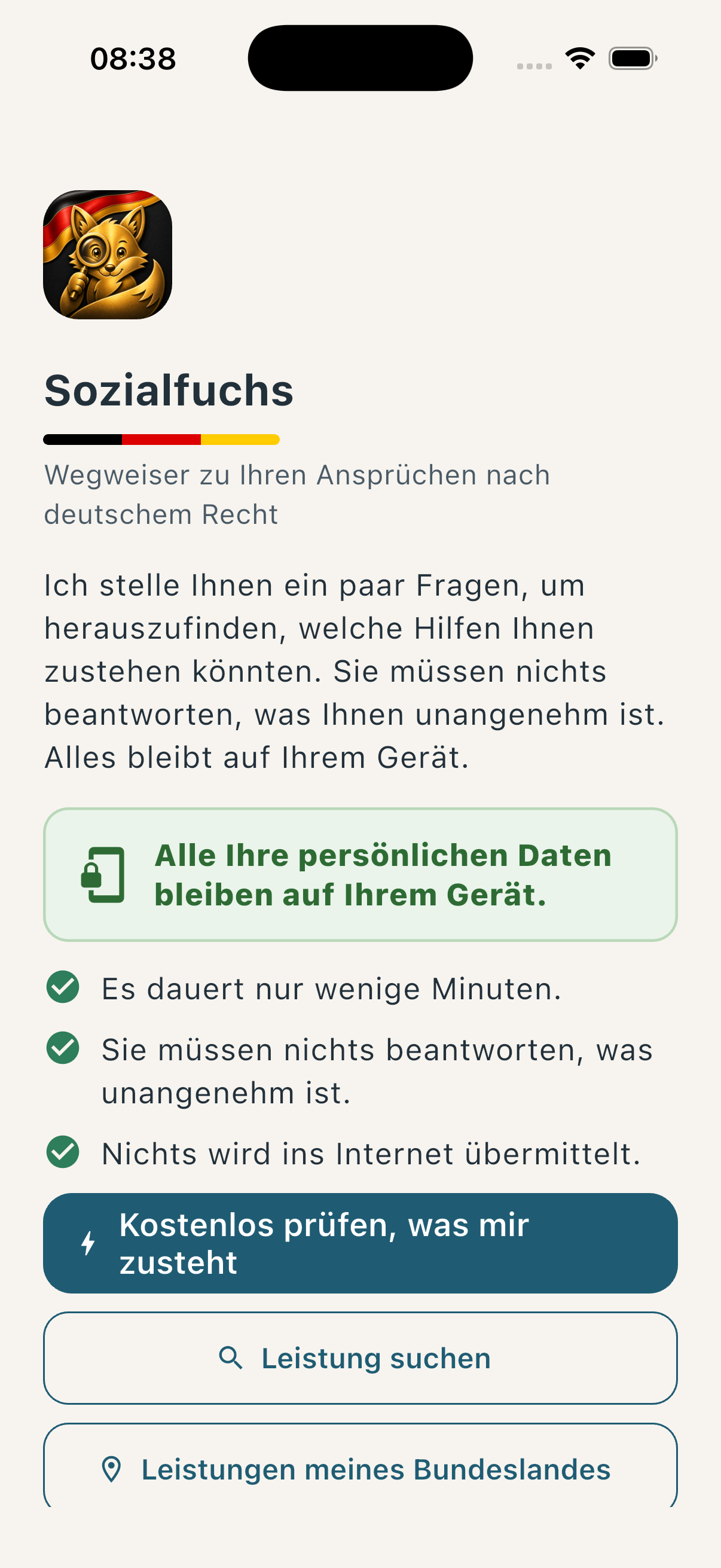 Startbildschirm der Sozialfuchs-App